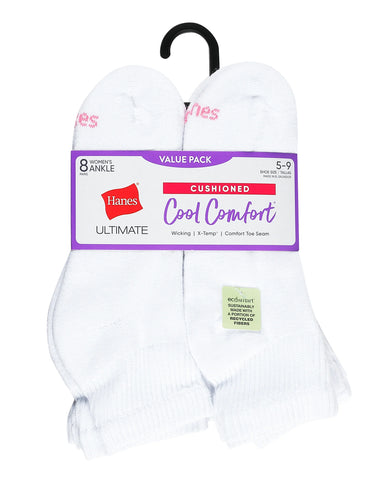 Hanes Ultimate Women's Ankle Socks Pack, Cushioned, 8-Pairs