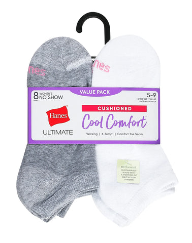 Hanes Ultimate Women's No Show Socks Pack, Cushioned, 8-Pairs