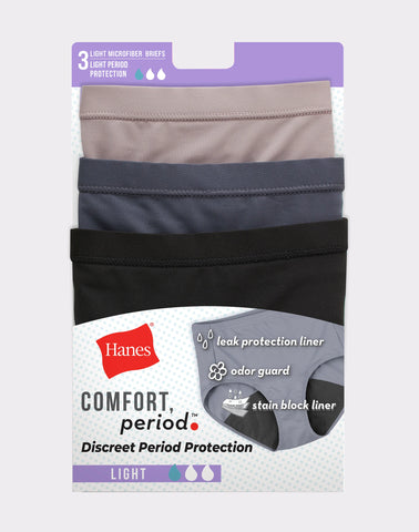 Hanes Comfort, Period. Women's Brief Period Underwear, Light Leaks, Neutrals, 3-Pack