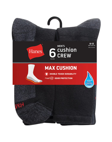 Hanes Double Tough Men's Crew Socks, Max Cushion, 6-Pairs