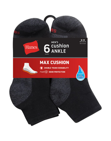 Hanes Double Tough Men's Ankle Socks, Max Cushion, 6-Pairs