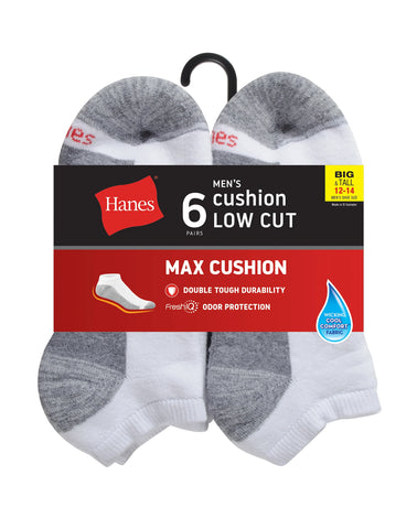 Hanes Double Tough Men's Low Cut Socks, Max Cushion, Shoe Sizes 12-14, 6-Pairs