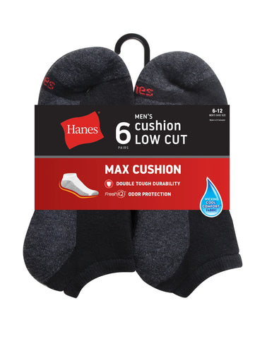 Hanes Double Tough Men's Low Cut Socks, Max Cushion, Shoe Sizes 6-12, 6-Pairs