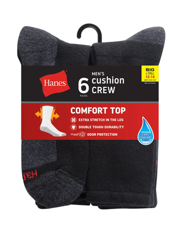 Hanes Double Tough Men's Crew Socks, Comfort Top, Shoe Sizes 12-14, 6-Pairs