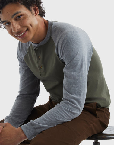 Hanes Beefy-T Men's Long Sleeve Colorblock Henley