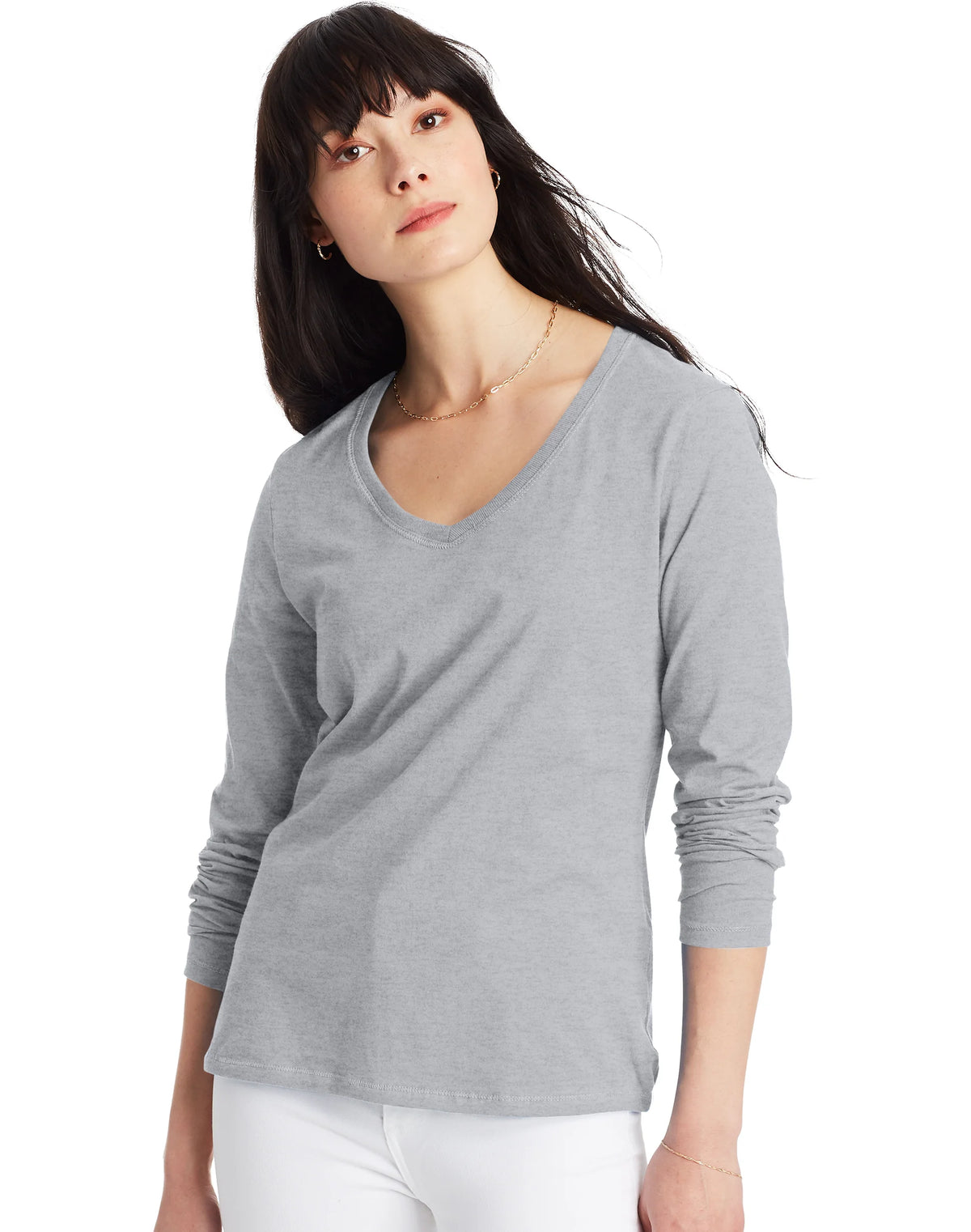 Hanes Women's Long Sleeve Cotton V-Neck T-Shirt