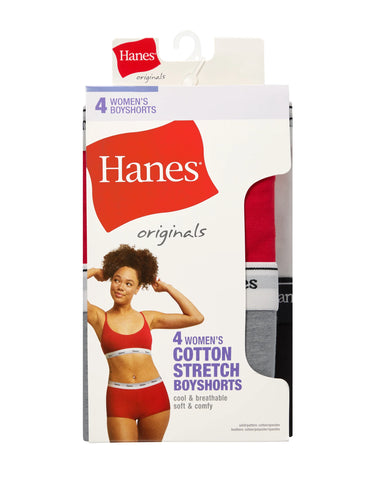 Hanes Originals Women’s Boyshort Underwear, Breathable Stretch Cotton, Assorted, 4-Pack