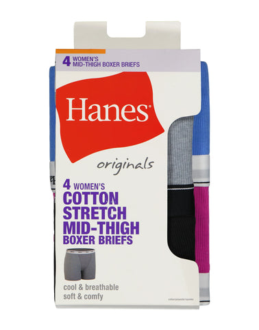 Hanes Originals Women's Mid-Thigh Boxer Brief Underwear, Breathable Stretch Cotton, 4-Pack