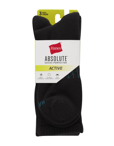Hanes Absolute Active Men’s Cushioned Crew Socks, Shoe Sizes 6-12, 3-Pairs
