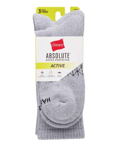 Hanes Absolute Active Men’s Cushioned Crew Socks, Shoe Sizes 6-12, 3-Pairs