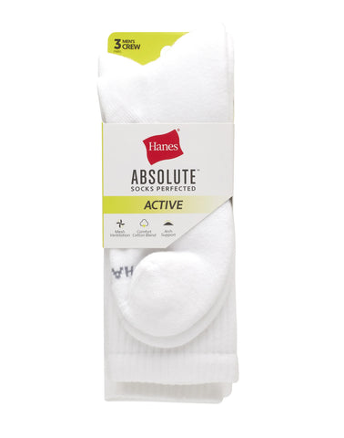 Hanes Absolute Active Men’s Cushioned Crew Socks, Shoe Sizes 6-12, 3-Pairs