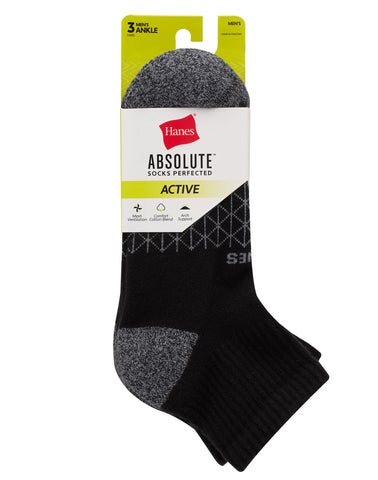 Hanes Absolute Active Men’s Cushioned Ankle Socks, Shoe Sizes 6- 12, 3-Pairs
