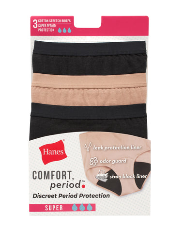 Hanes Comfort, Period. Women's Brief Period Underwear, Super Leaks, 3-Pack