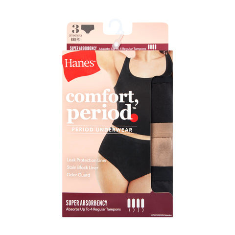 Hanes Comfort, Period. Women's Brief Period Underwear, Super Leaks, 3-Pack