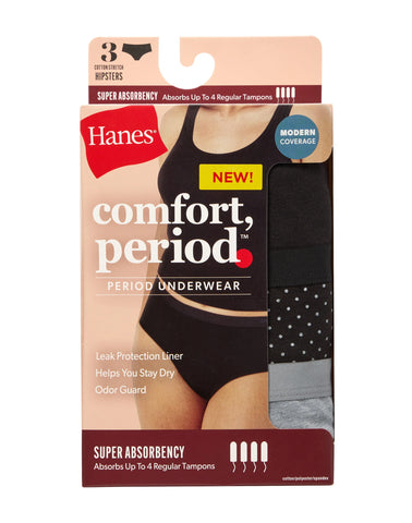 Hanes Comfort, Period. Hipster Period Underwear, Super Leaks, 3-Pack