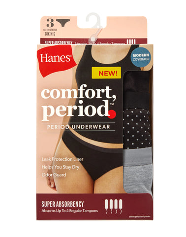 Hanes Comfort, Period. Bikini Period Underwear, Super Leaks, 3-Pack