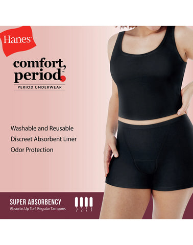 Hanes Comfort, Period. Women's Boxer Brief Period Underwear, Super Leaks, 2-Pack