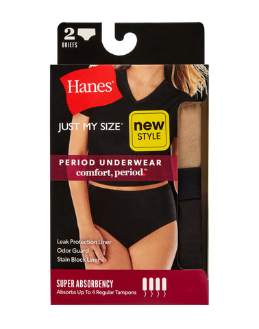 Hanes Just My Size Comfort, Period. Brief Period Underwear, Super Leaks, 2-Pack (PLUS SIZES)