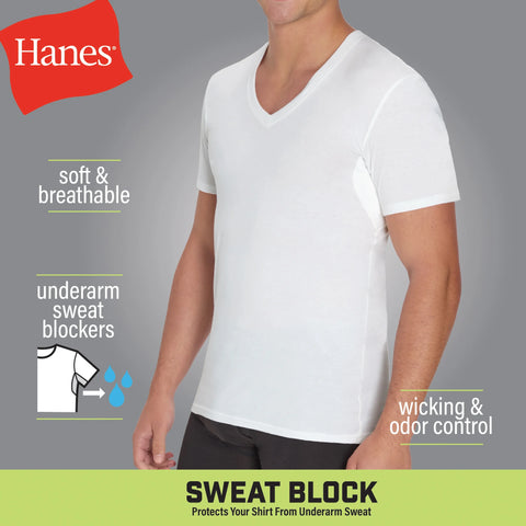 Hanes Men's Sweat Block V-Neck Tee, White, 3-Pack