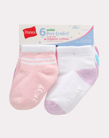 Hanes Pure Comfort Infant/Toddler Girls’ Ankle Socks, Organic Cotton, 6-Pairs