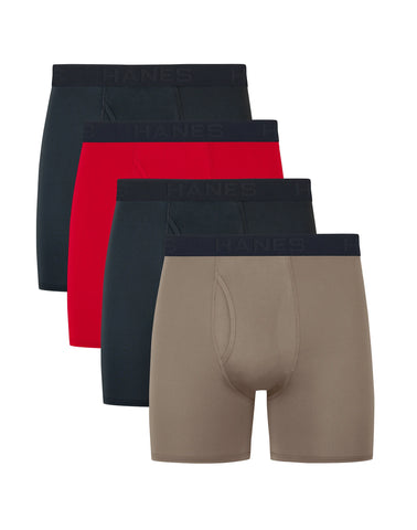 Hanes Ultimate Comfort Sport Men's Performance Stretch Boxer Brief Underwear, Black/Red/Sandalwood, 4-Pack
