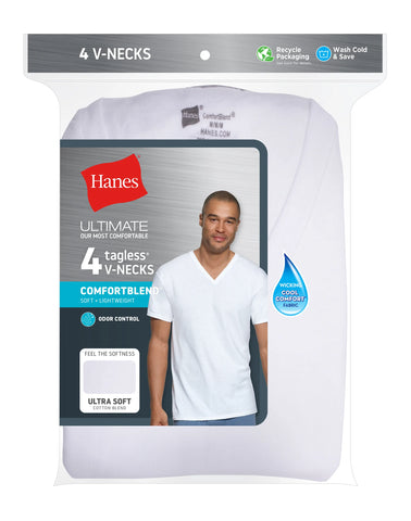 Hanes Ultimate Men's Moisture-Wicking V-Neck Undershirt, White, 4-Pack