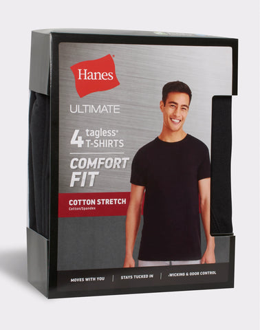 Hanes Ultimate Comfort Fit Men's Crewneck Undershirt, Black, 4-Pack