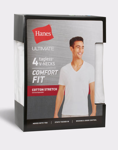 Hanes Ultimate Comfort Fit Men's V-Neck Undershirt, White, 4-Pack