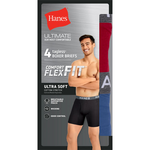 Hanes Ultimate Comfort Flex Fit Men's Boxer Brief Underwear, Red/Blue, 4-Pack
