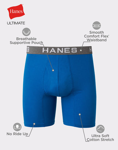 Hanes Ultimate Comfort Flex Fit Men's Boxer Brief Underwear, Black/Grey/Blue, 4-Pack