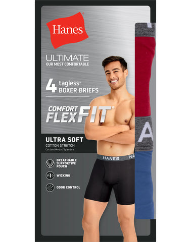 Hanes Ultimate Comfort Flex Fit Men's Boxer Brief Underwear, Black/Grey/Blue, 4-Pack