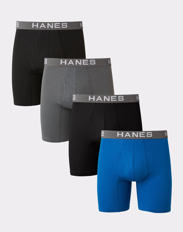 Hanes Ultimate Comfort Flex Fit Men's Boxer Brief Underwear, Black/Grey/Blue, 4-Pack