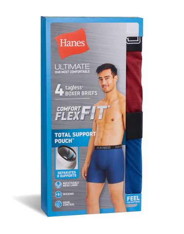 Hanes Ultimate Comfort Flex Fit Total Support Pouch Men's Boxer Brief Underwear, Red/Blue/Black/Grey, 4-Pack