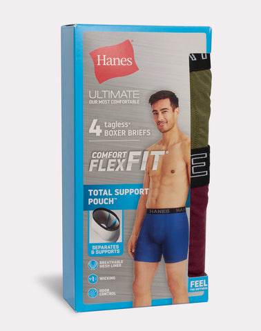 Hanes Ultimate Comfort Flex Fit Total Support Pouch Men's Boxer Brief Underwear, Red/Green/Black/Grey, 4-Pack