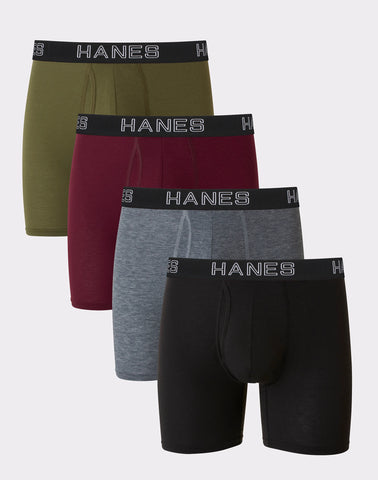 Hanes Ultimate Comfort Flex Fit Total Support Pouch Men's Boxer Brief Underwear, Red/Green/Black/Grey, 4-Pack