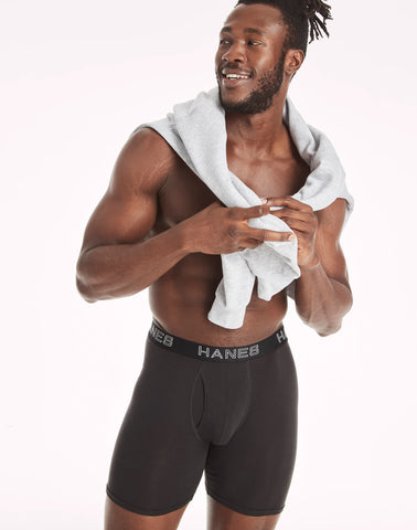 Hanes Ultimate Comfort Flex Fit Total Support Pouch Men's Long Leg Boxer Brief Underwear, Black/Grey, 4-Pack