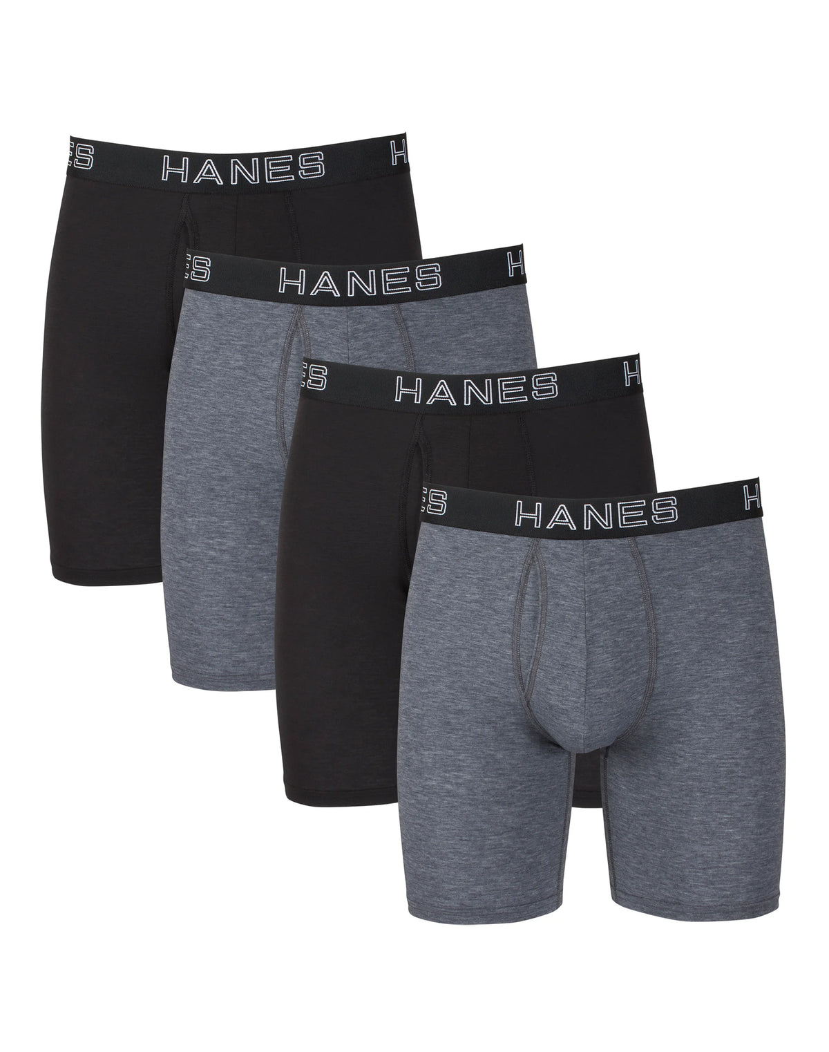 Hanes Ultimate Comfort Flex Fit Total Support Pouch Men's Long Leg Boxer Brief Underwear, Black/Grey, 4-Pack