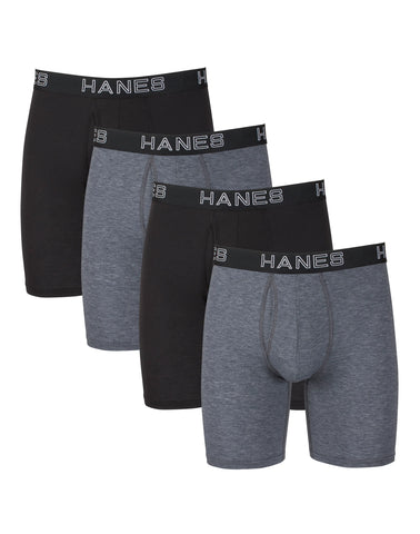 Hanes Ultimate Comfort Flex Fit Total Support Pouch Men's Long Leg Boxer Brief Underwear, Black/Grey, 4-Pack
