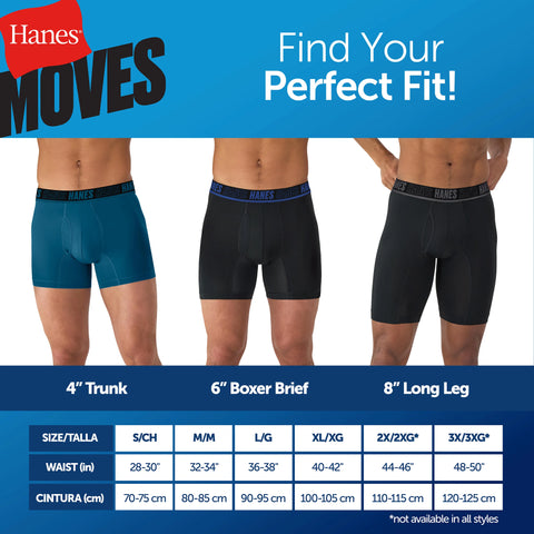 Hanes Moves Ultimate Men’s Anti-Chafe Boxer Brief Underwear, X-Temp, Black/Grey/Ocean Blue, 4-Pack, 6