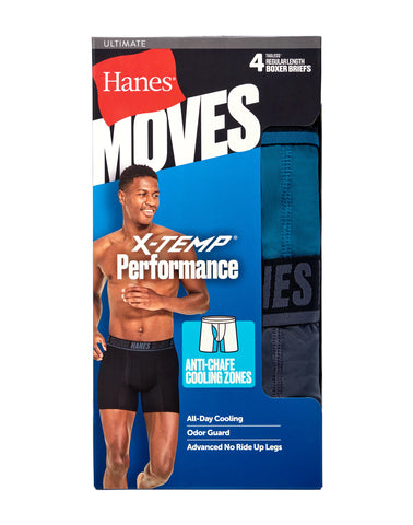 Hanes Moves Ultimate Men’s Anti-Chafe Boxer Brief Underwear, X-Temp, Black/Grey/Ocean Blue, 4-Pack, 6