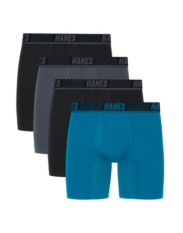 Hanes Moves Ultimate Men’s Anti-Chafe Boxer Brief Underwear, X-Temp, Black/Grey/Ocean Blue, 4-Pack, 6