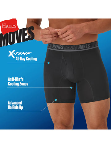 Hanes Moves Ultimate Men’s Anti-Chafe Boxer Brief Underwear, X-Temp, Assorted, 4-Pack, 6