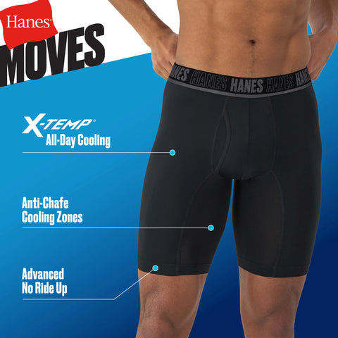 Hanes Moves Ultimate Men’s Anti-Chafe Long Leg Boxer Brief Underwear, X-Temp, 4-Pack, Black, 8