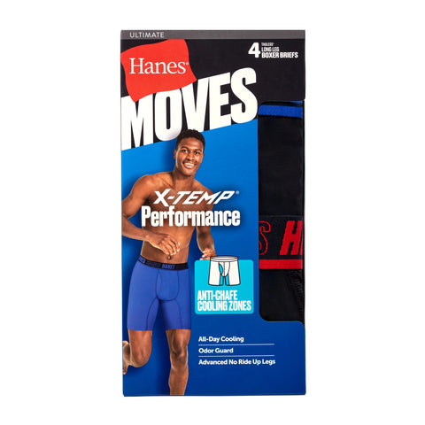 Hanes Moves Ultimate Men’s Anti-Chafe Long Leg Boxer Brief Underwear, X-Temp, 4-Pack, Black, 8