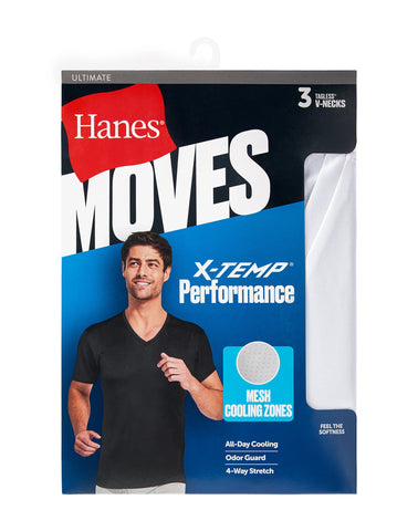 Hanes Moves Ultimate Men's Breathable V-neck T-Shirt, X-Temp, White, 3-Pack