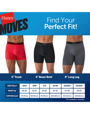 Hanes Moves Ultimate Men's Anti-Chafe  Boxer Brief Underwear, Total Support Pouch, X-Temp, Black, 4-Pack, 6