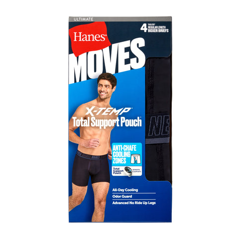 Hanes Moves Ultimate Men's Anti-Chafe  Boxer Brief Underwear, Total Support Pouch, X-Temp, Black, 4-Pack, 6