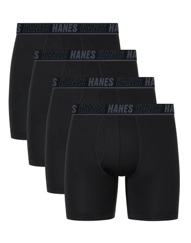 Hanes Moves Ultimate Men's Anti-Chafe  Boxer Brief Underwear, Total Support Pouch, X-Temp, Black, 4-Pack, 6