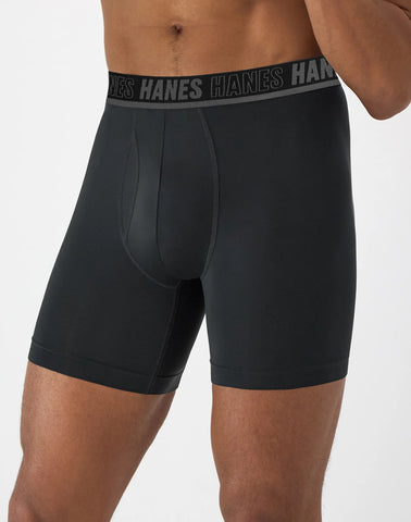 Hanes Moves Ultimate Men's Anti-Chafe Boxer Brief Underwear, Total Support Pouch, X-Temp, Black/Grey/Blue, 4-Pack, 6