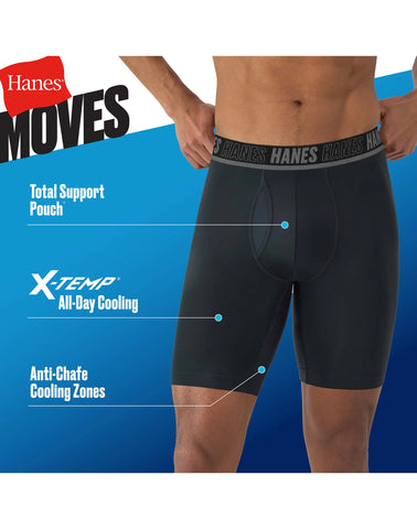 Hanes Moves Ultimate Men’s Anti-Chafe Long Leg Boxer Brief Underwear, Total Support Pouch, X-Temp, 4-Pack, 8